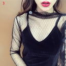Fashion Brand New Hot Sexy Langarm Durchsichtig Netz Fischnetz Casual Top T-Shirt Sheer Black Lace Star Dots Tops Frauen 2022
