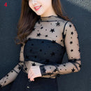 Fashion Brand New Hot Sexy Langarm Durchsichtig Netz Fischnetz Casual Top T-Shirt Sheer Black Lace Star Dots Tops Frauen 2022