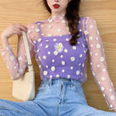 Fashion Brand New Hot Sexy Langarm Durchsichtig Netz Fischnetz Casual Top T-Shirt Sheer Black Lace Star Dots Tops Frauen 2022