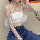 Fashion Brand New Hot Sexy Langarm Durchsichtig Netz Fischnetz Casual Top T-Shirt Sheer Black Lace Star Dots Tops Frauen 2022