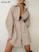 Mnealways18 Frühling Sommer Figurbetontes Kleid Frauen Khaki Langarm Plissee Hemdkleid Büro Damen Festes Revers Lässige Minikleider