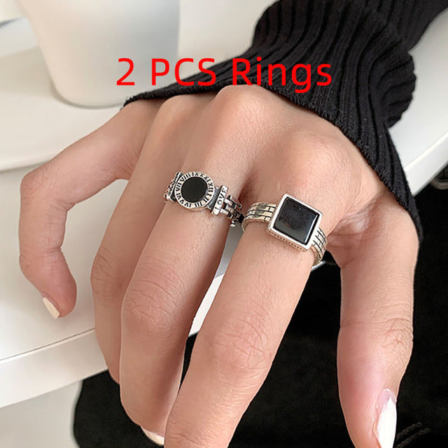Foxanry Hot Sale 925 Stamp 2 PCS Rings Set INS Fashion Creative Geometric Birthday Party Jewelry Gifts Wholesale