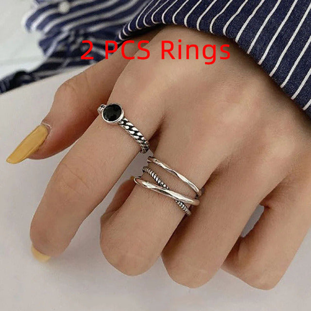 Foxanry Hot Sale 925 Stamp 2 PCS Rings Set INS Fashion Creative Geometric Birthday Party Jewelry Gifts Wholesale