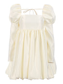 Mnealways18 Puffärmel Frau Partykleid Abendschicker quadratischer Kragen Ballkleid Kleid kurze beige Satinkleider plissierte Damen