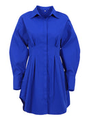 OOTN Sommer Plissee Hemdkleid Mode A-Linie Einreiher Freizeitkleider Umlegekragen Hohe Taille Festes Minikleid 2022