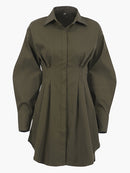 OOTN Sommer Plissee Hemdkleid Mode A-Linie Einreiher Freizeitkleider Umlegekragen Hohe Taille Festes Minikleid 2022