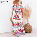 Sommer Druck Vintage Lange Kleider Für Frauen Sexy Off-Shoulder Rüschen Mode Boho Party Maxi Kleid 2022 Damen Strand Sommerkleid