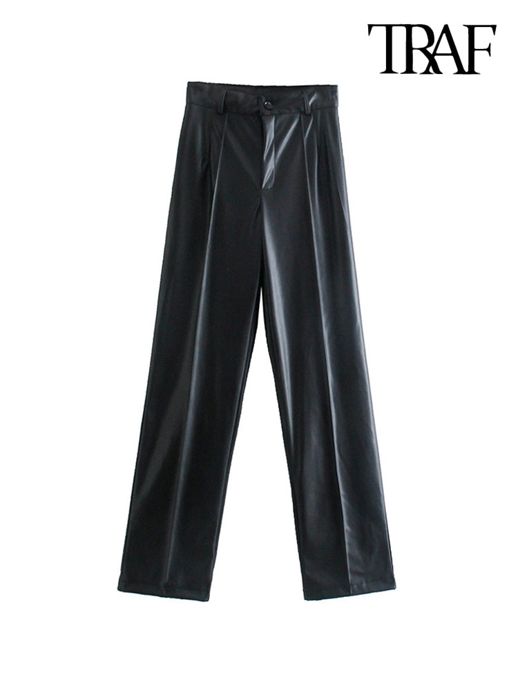 Pantalones rectos de piel sintética a la moda para Mujer TRAF, pantalones Vintage de cintura alta con cremallera y mosca para Mujer