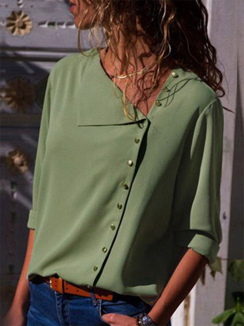 Tops y blusas para mujer, moda 2022, blusa de gasa con cuello sesgado de manga larga, Tops informales de talla grande, camisa de trabajo elegante