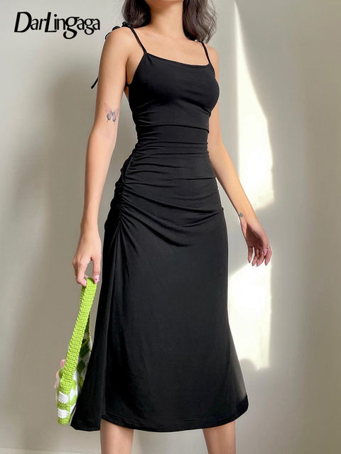 Darlingaga Mode Riemchen Rüschen Sexy Schwarzes Kleid Unregelmäßiges Elegantes Rückenfreies Langes Kleid Party Sommerkleider Frauen 2021 Kleidung
