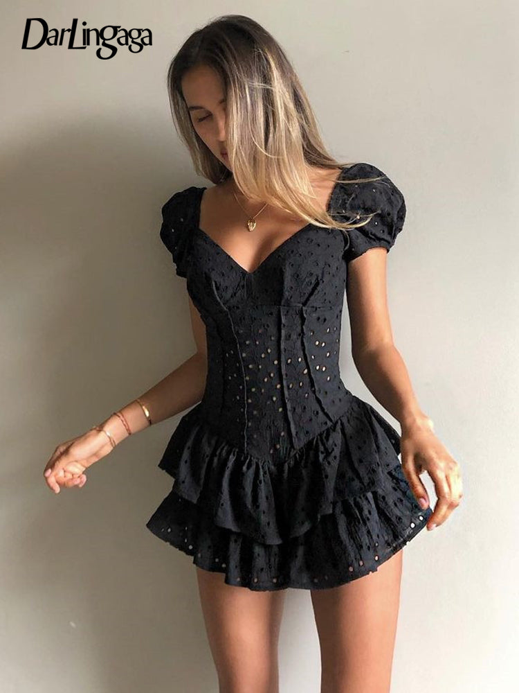 Darlingaga Fashion V Neck Ruffles Pleated Dress Women Puff Sleeve Chic Black Summer Dress Party Hollow Out Vintage Corset Ladies