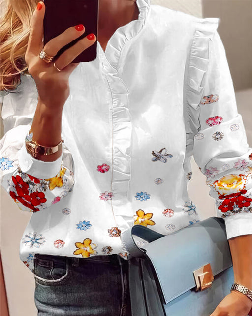 Women Elegant Fashion Butterfly Print Blouses Top Ruffled Trim  Casual Long Lace Sleeve Blouse