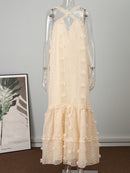 Ärmelloses Neckholder-Maxi-Sommerkleid für Damen, Mode, Rüschen, Strand, lange Robe, 2022, eleganter Slip, Urlaub, aushöhlen, Sommerkleid