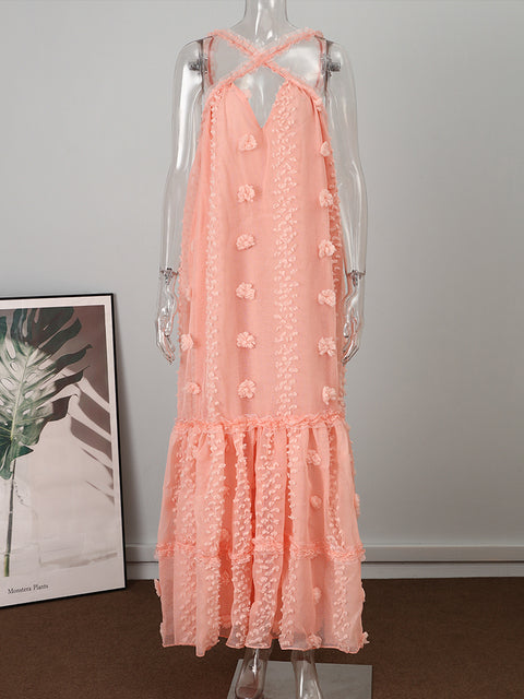 Sleeveless Halter Maxi Summer Dress For Women Fashion Ruffle Beach Long Robe 2022 Elegant Slip Holiday Hollow Out Sundress
