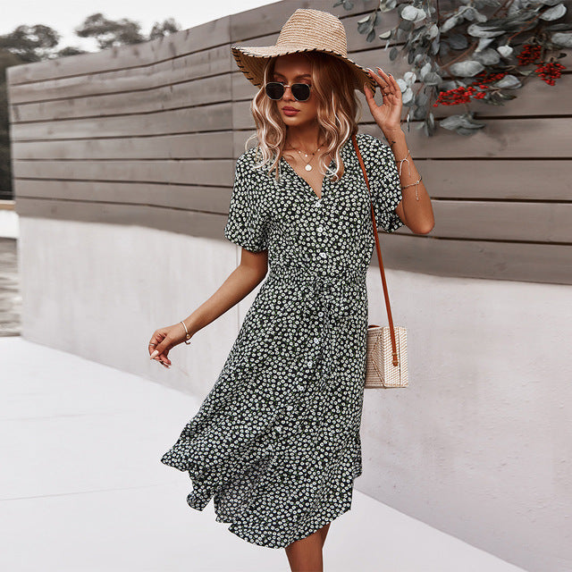 Spring Women Bandage Dress Summer 2022 New Casual Floral Print Beach Dress Vintage Button Holiday Ladies Chic Dresses Vestidos