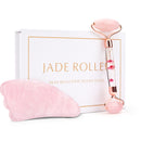 Natürliches Gesichtsmassagegerät Gesichtsroller Gua Sha Schaber Doppelköpfe Jadestein Roller Hautpflege Rosenquarz Massage für Gesicht Körper