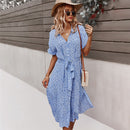 2022 vestido Floral de mujer verano Casual manga corta botón vacaciones Midi vestidos mujer cuello en V playa Boho Chic vestido elegante túnica