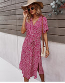 2022 vestido Floral de mujer verano Casual manga corta botón vacaciones Midi vestidos mujer cuello en V playa Boho Chic vestido elegante túnica