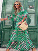 Mode Bedrucktes Kleid Frauen Puffärmel Langes Kleid Sommer Boho Maxikleid Geometrischer Druck Langes Kleid Loses Urlaubsstrandkleid