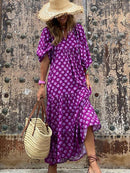 Mode Bedrucktes Kleid Frauen Puffärmel Langes Kleid Sommer Boho Maxikleid Geometrischer Druck Langes Kleid Loses Urlaubsstrandkleid