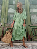 Mode Bedrucktes Kleid Frauen Puffärmel Langes Kleid Sommer Boho Maxikleid Geometrischer Druck Langes Kleid Loses Urlaubsstrandkleid