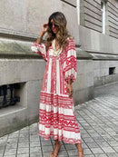 Mode Bedrucktes Kleid Frauen Puffärmel Langes Kleid Sommer Boho Maxikleid Geometrischer Druck Langes Kleid Loses Urlaubsstrandkleid