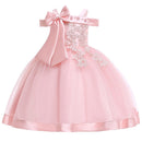 Neue Art-Mädchen-Hochzeitsfest Ein-Zeichen-Schulter-Straps-Kleid-Mädchen-Bogen-Nagel-Perlen-Blumen-Bankett-Ball-Kleid vestidos